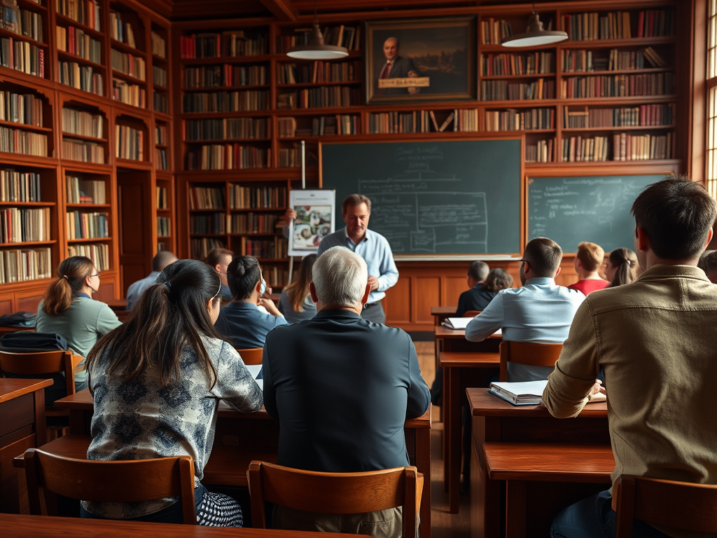 В аудитории с книгами преподаватель объясняет материал группе студентов. На стене доска с записями.