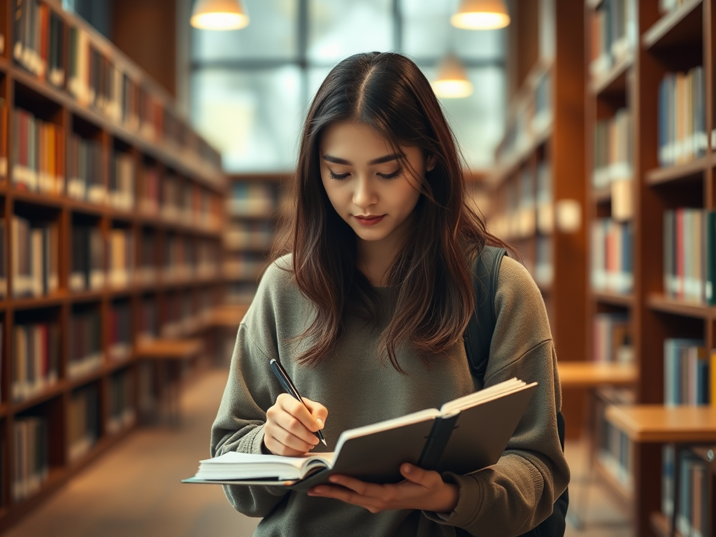 Студентка в библиотеке делает заметки в блокноте на фоне стеллажей с книгами.