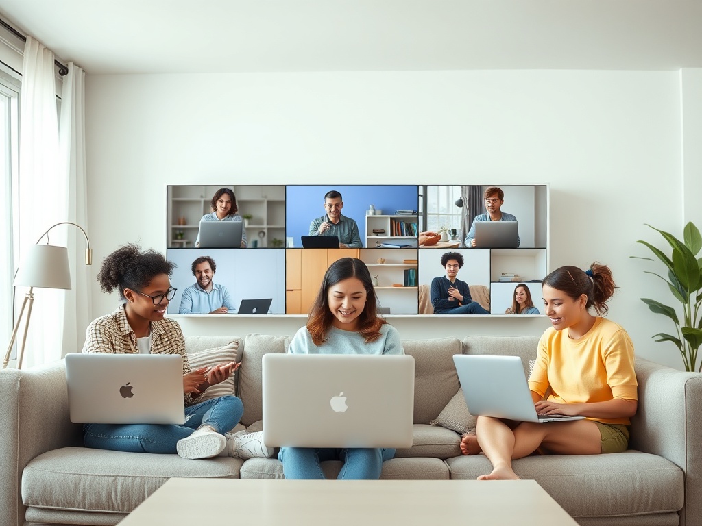 Четыре человека сидят на диване и общаются в видеозвонке, пользуются ноутбуками и смартфоном.