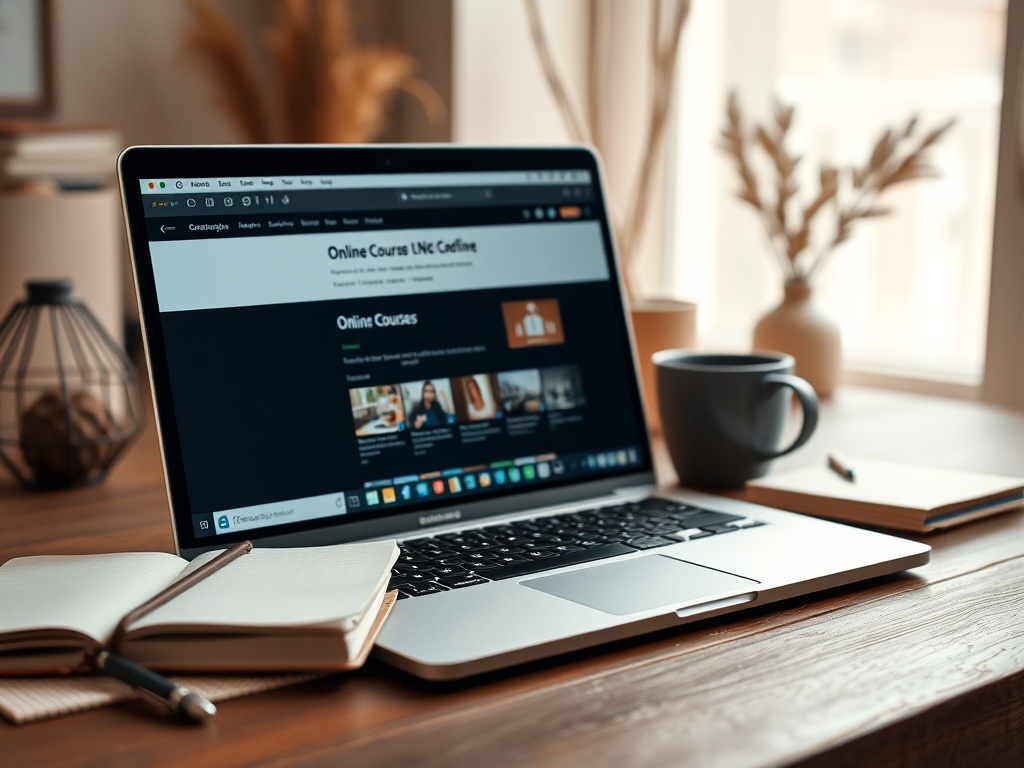 Ноутбук на столе с открытым веб-сайтом онлайн-курсов, рядом блокнот и чашка кофе.