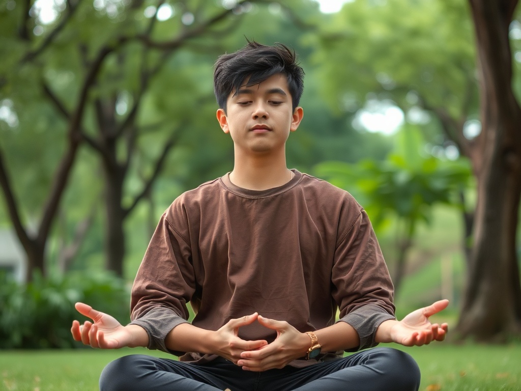 Молодой человек медитирует на траве в парке, окружённый зеленью и деревьями.