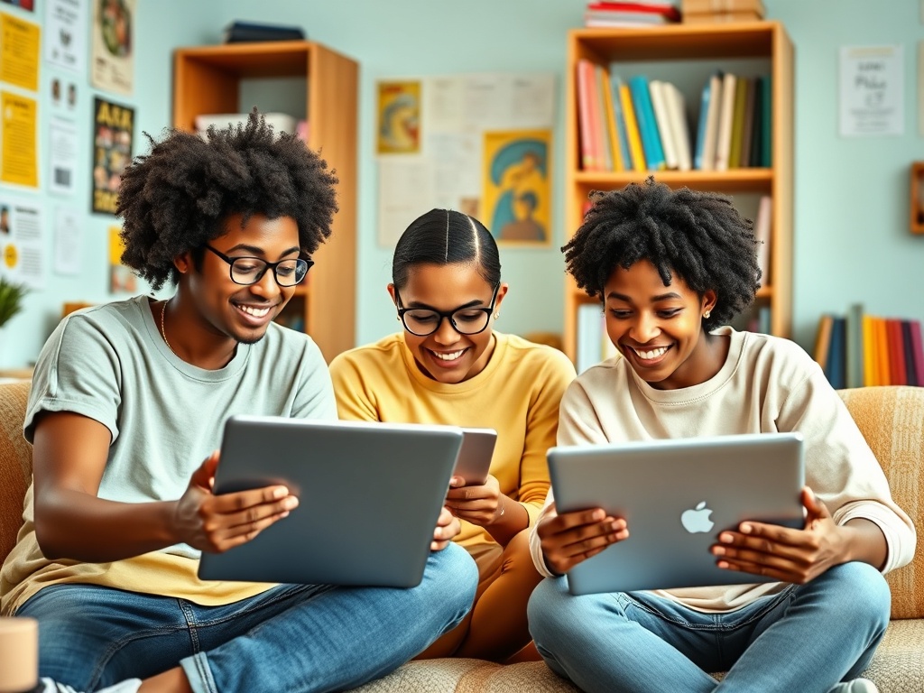 Трое молодых людей сидят на диване и используют планшеты и телефон, улыбаются и общаются друг с другом.