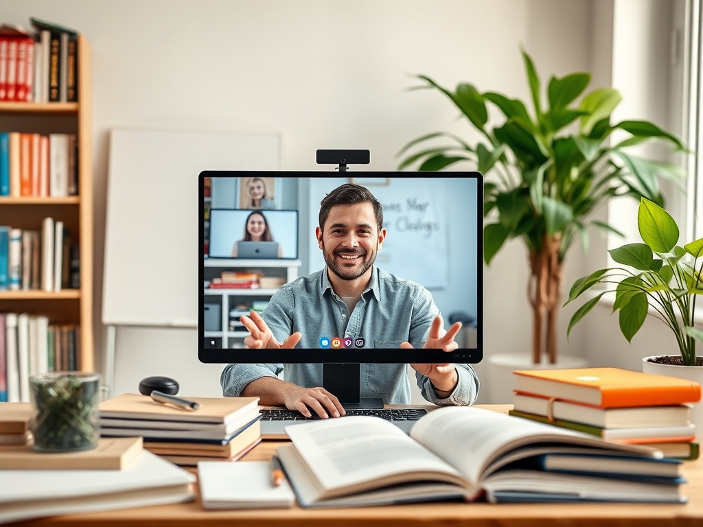 Мужчина общается по видеосвязи на фоне офиса с растениями и книгами на столе.