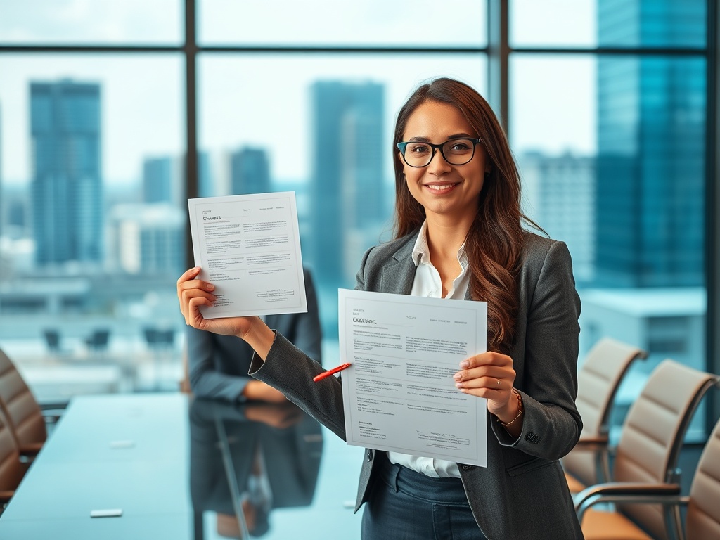 Женщина в деловом костюме держит резюме на фоне офисного здания и улыбается.