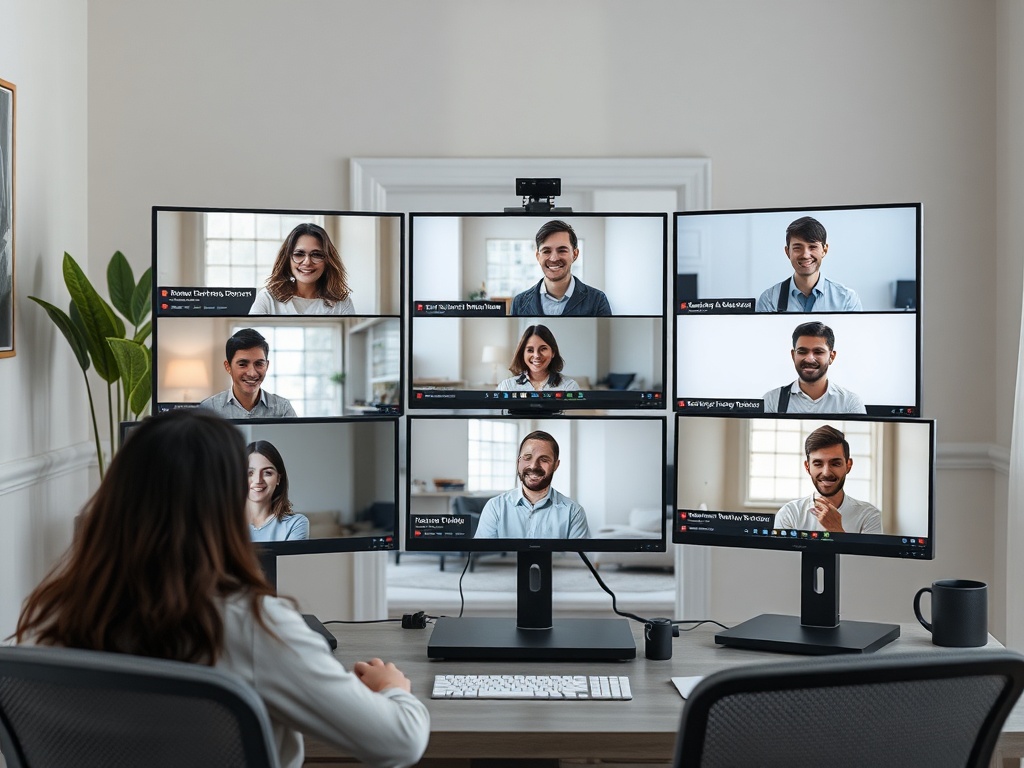На изображении человек, сидящий за столом, с несколькими экранами видеозвонков. Виртуальная встреча.