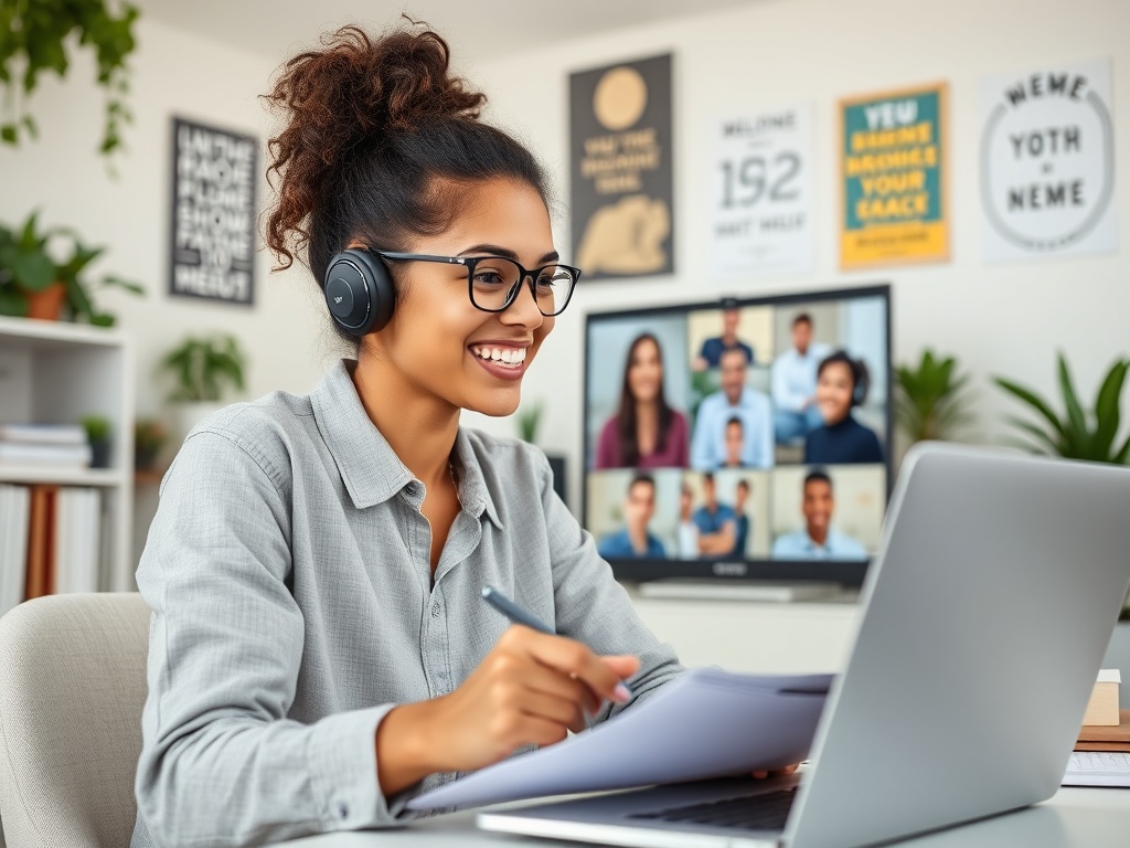 Женщина с наушниками улыбается, работая за ноутбуком во время видеозвонка с коллегами.