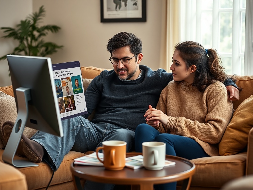 Молодая пара удобно устроилась на диване, смотрит что-то на экране, окруженные чашками с напитками.