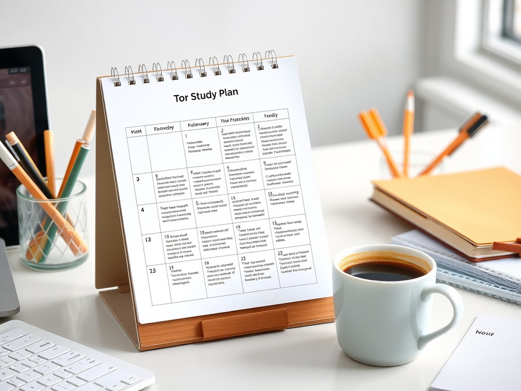 Календарь изучения с планом занятий, чашка кофе и канцелярские принадлежности на столе.