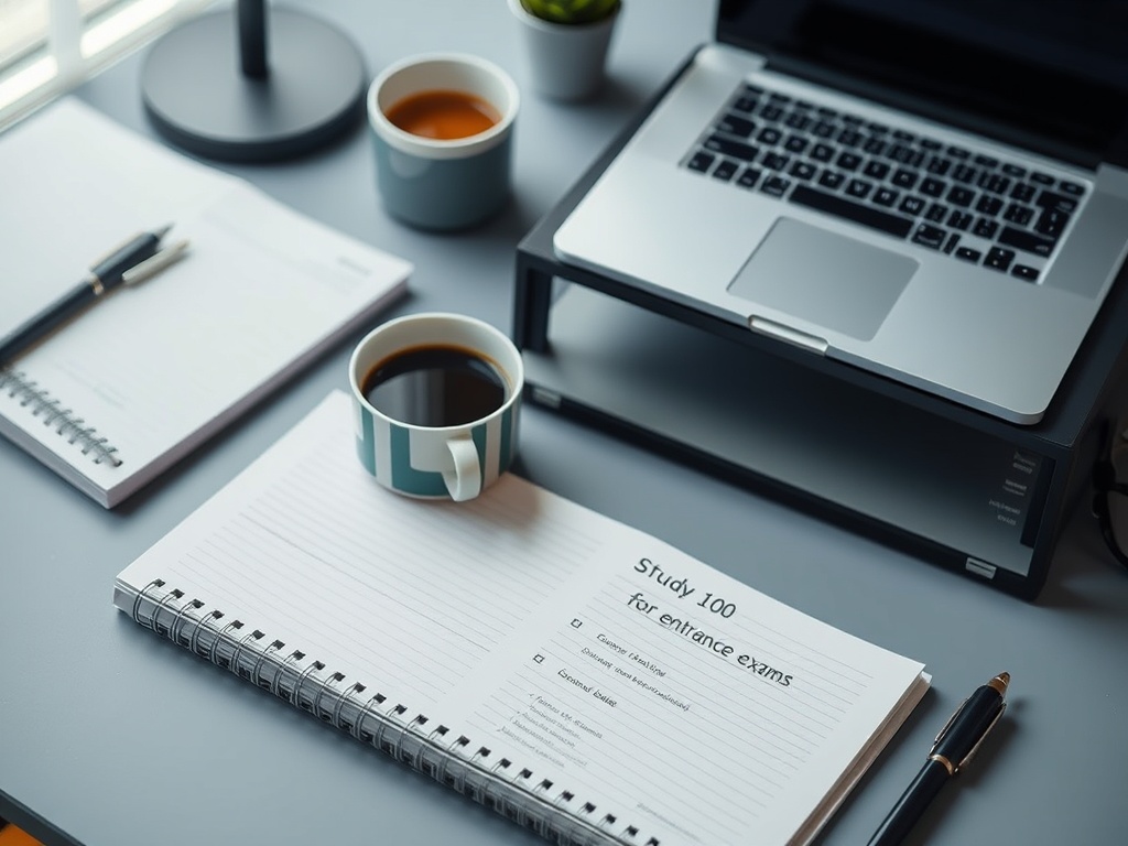Рабочий стол с ноутбуком, блокнотом, ручкой и чашкой кофе. Записи по подготовке к экзаменам.