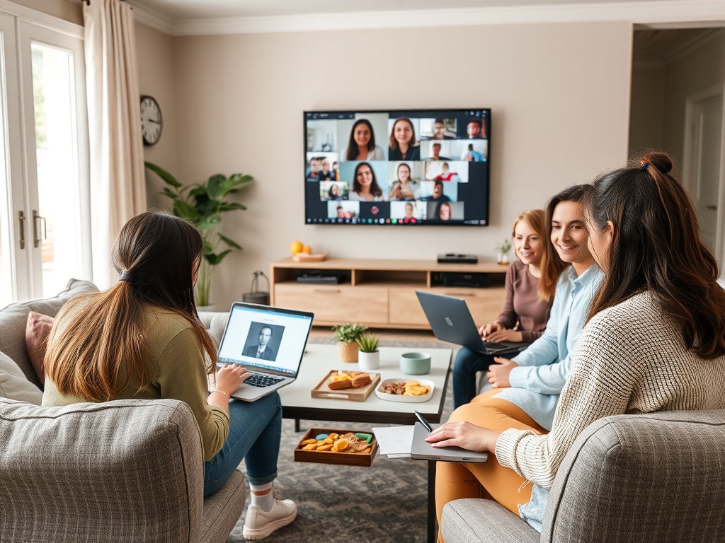 Четыре женщины участвуют в видеозвонке, сидя на диване с ноутбуками и угощениями.