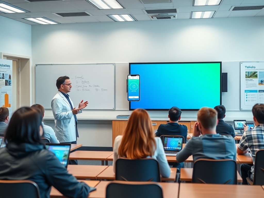 Преподаватель проводит занятие, студенты слушают и работают на ноутбуках в учебной аудитории.