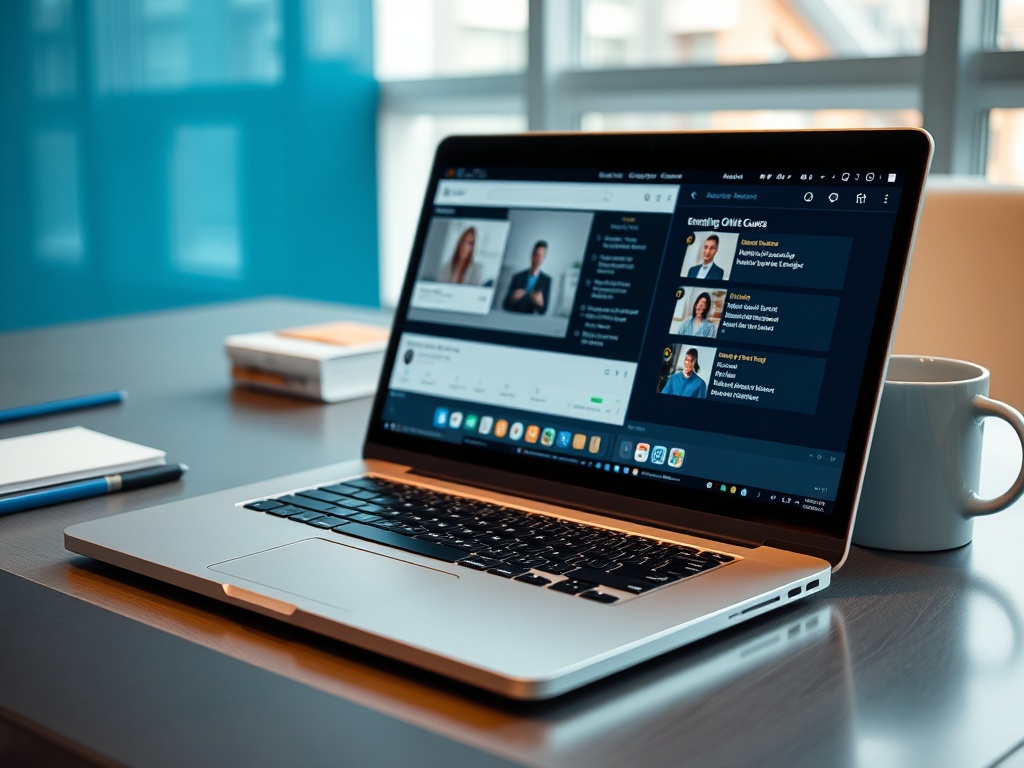 Лэптоп на столе показывает онлайн-курсы и информацию о преподавателях. Рядом блокнот и ручка.