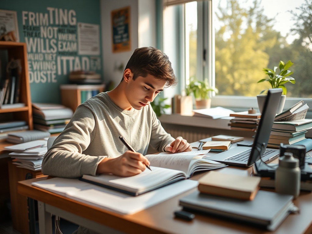 Молодой человек учится за столом, окружённый книгами и учебными материалами, с ноутбуком на переднем плане.