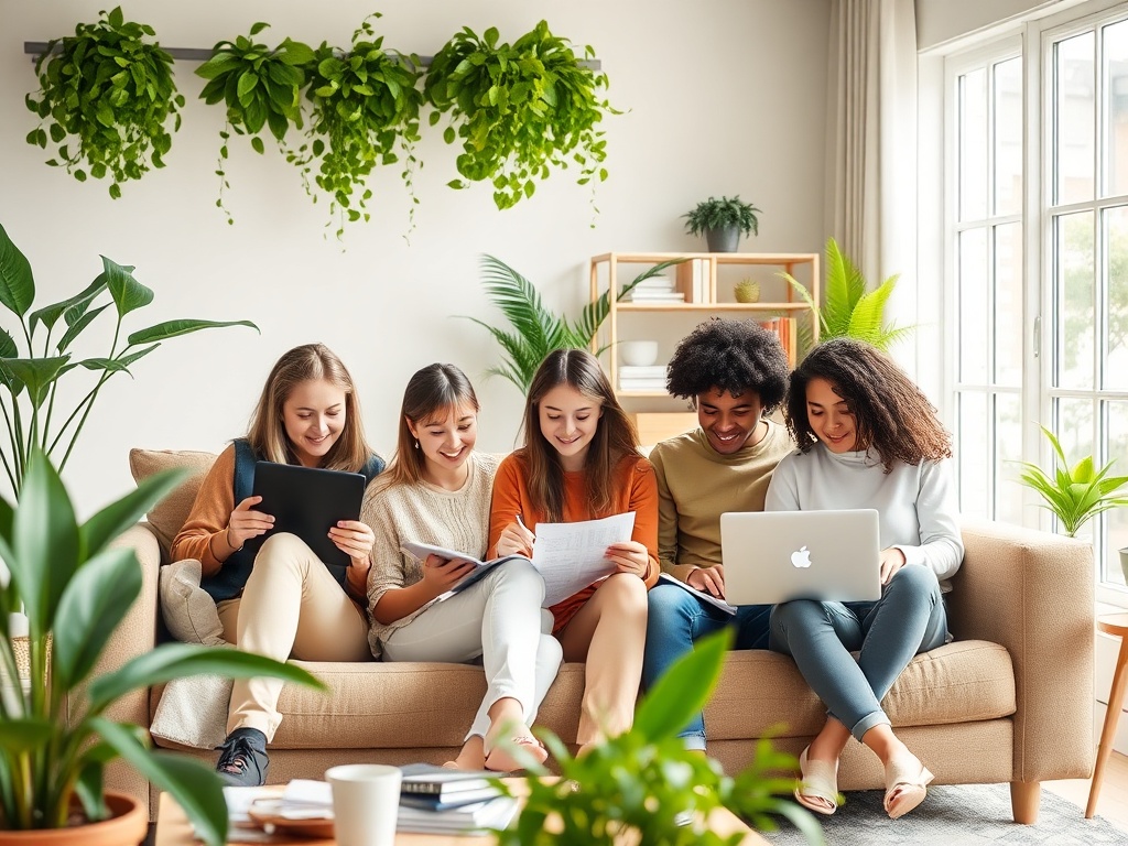 На мягком диване сидят пять девушек, увлеченно читая и работая с гаджетами в светлой комнате с растениями.
