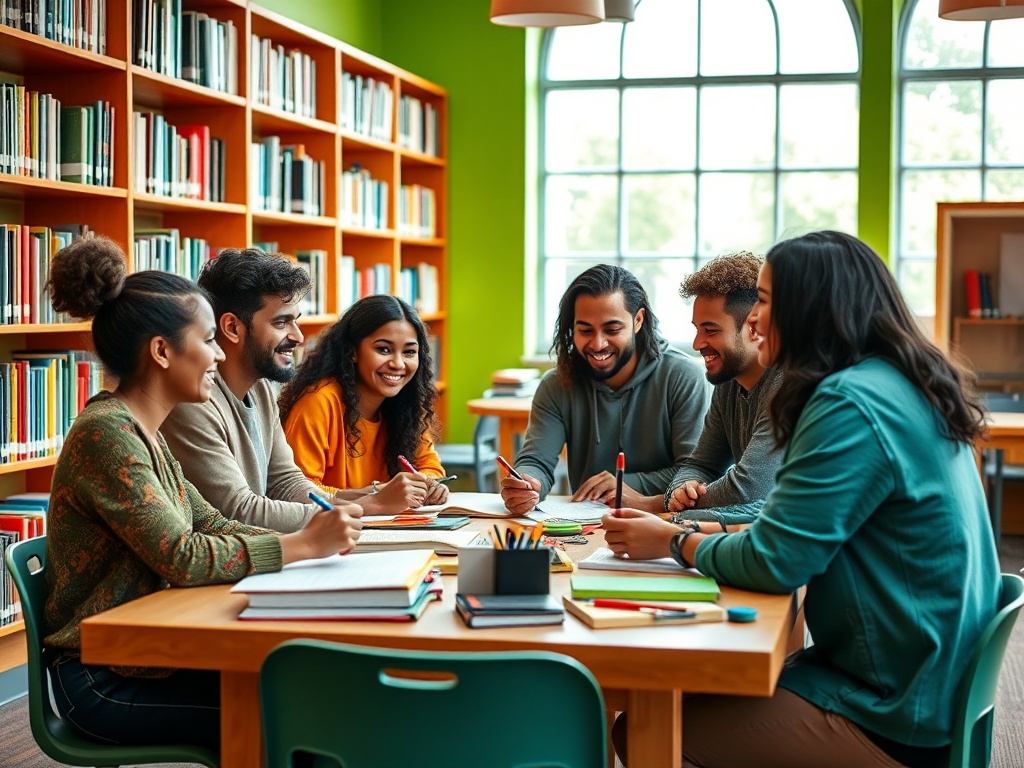 Группа студентов весело обсуждает задания за столом в библиотеке. Яркие книги на полках создают уютную атмосферу.
