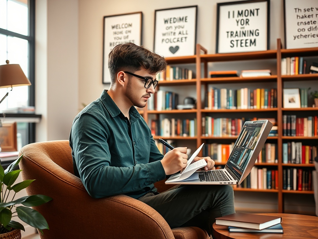 Молодой человек сидит в кресле, работает за ноутбуком и делает заметки в уютной библиотеке.