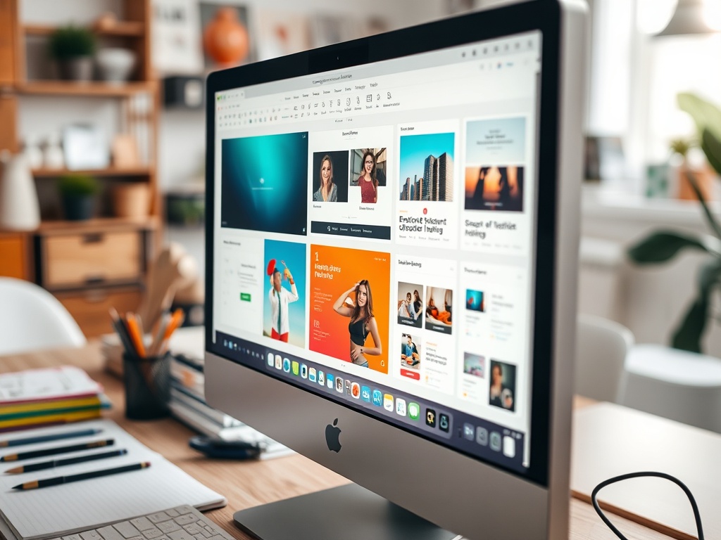 На изображении видно компьютер с открытыми окнами дизайна и информации, окружённый канцелярскими принадлежностями.