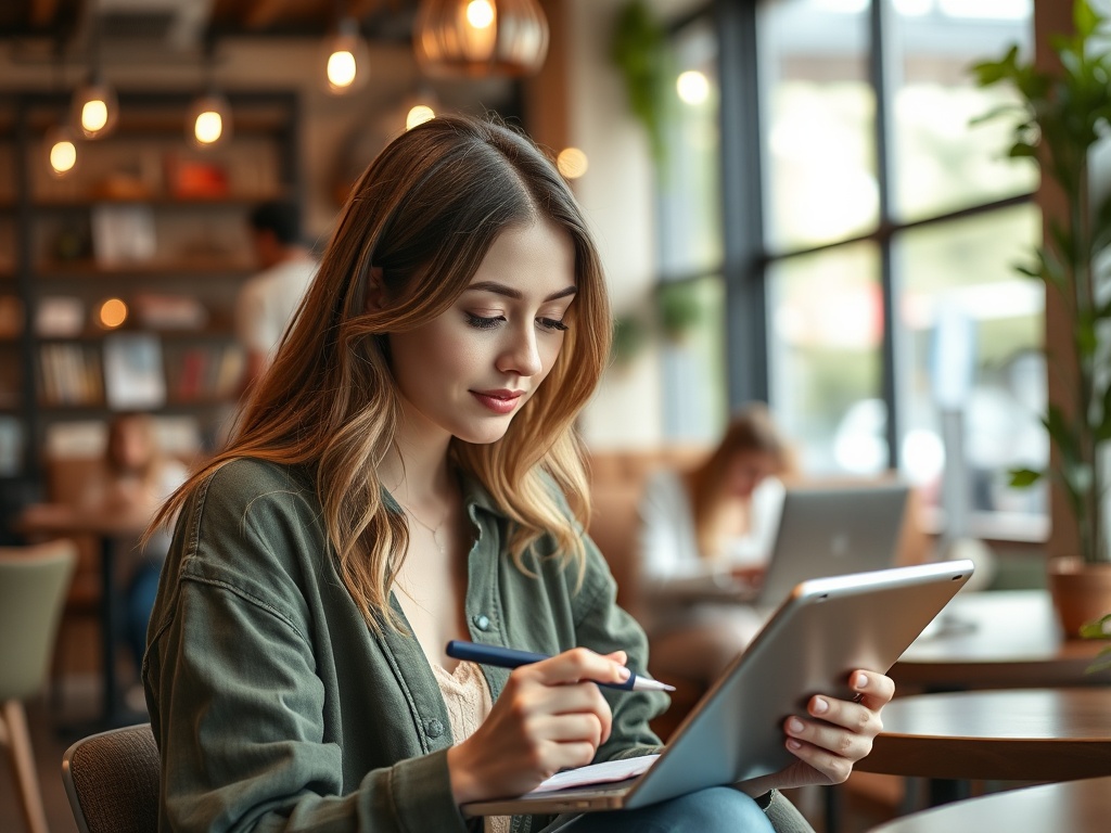 Молодая женщина сидит в кафе, записывая заметки на планшете с фломастером в руке.