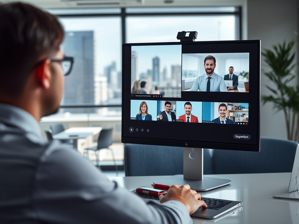 На изображении человек участвует в видеоконференции с коллегами на экране компьютера в офисе.