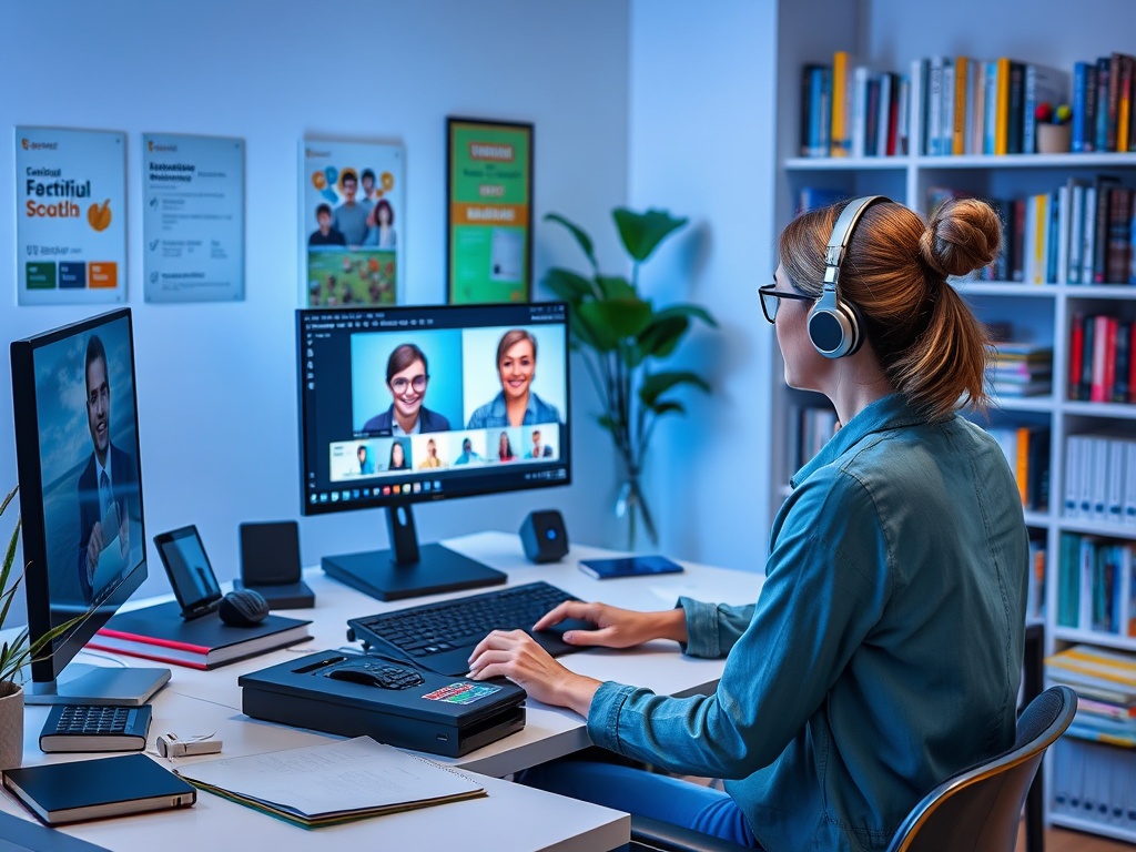 Женщина в наушниках работает за компьютером, участвуя в видеоконференции. На столе документы и техника.