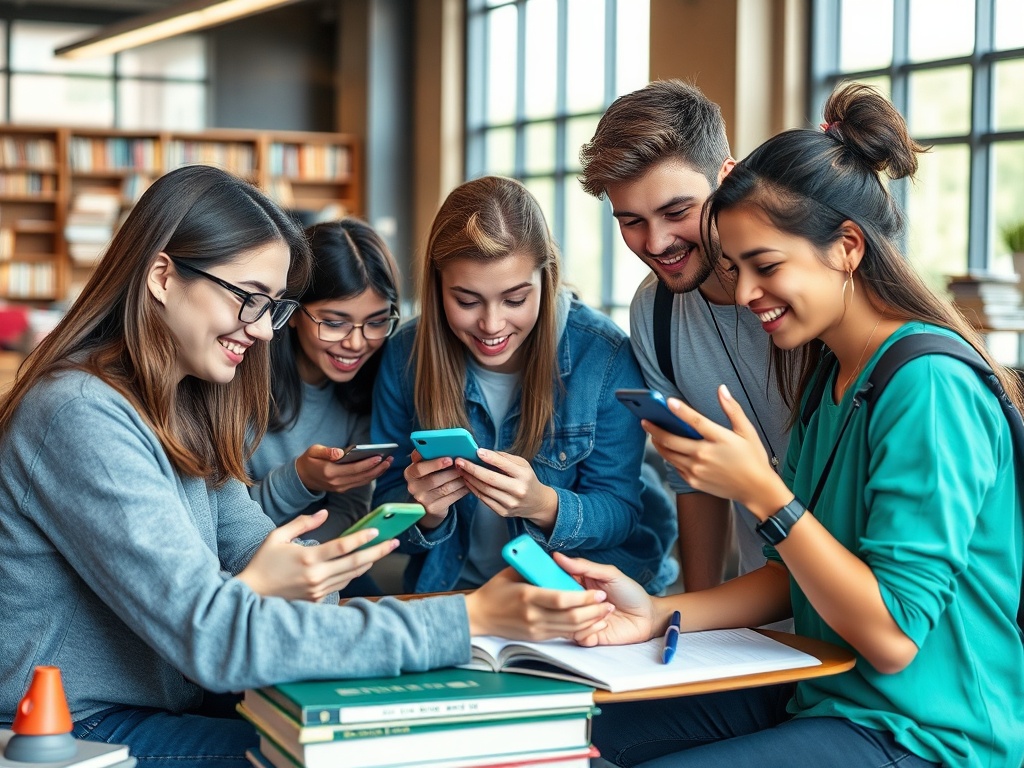 Группа студентов, сидящих за столом в библиотеке, обмениваются сообщениями на смартфонах.