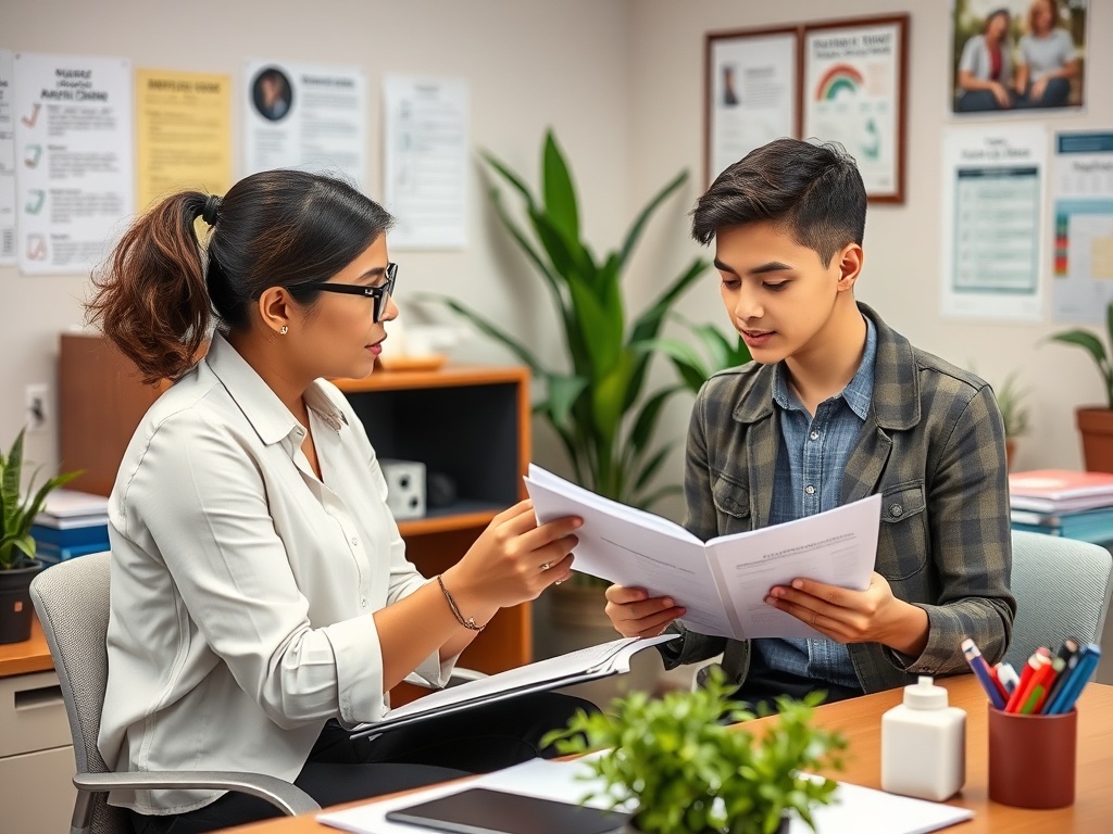 На изображении молодые человек и женщина обсуждают документы в офисной обстановке.