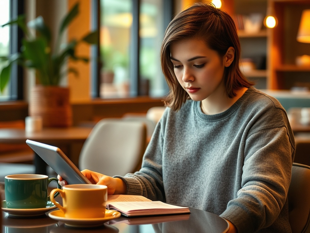 Молодая женщина читает на планшете в кафе, перед ней чашки с кофе. Вокруг уютная обстановка.