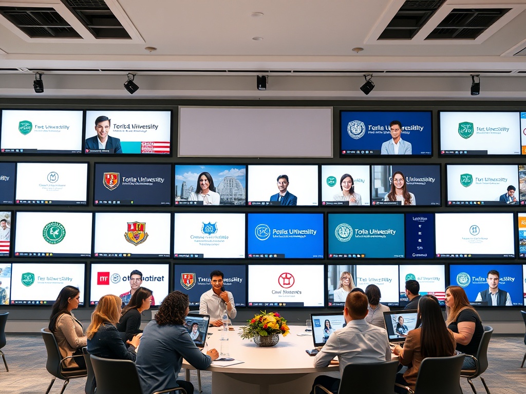 Совещание в современном офисе с несколькими экранами, на которых отображаются участники и лого университетов.