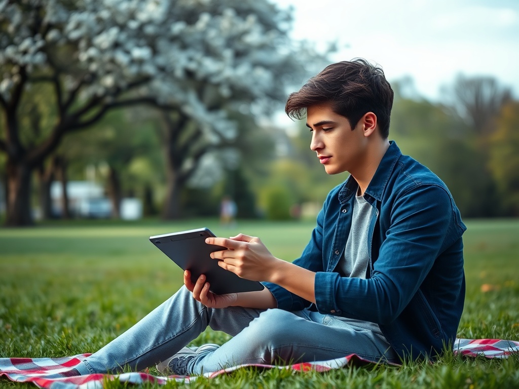 Молодой человек сидит на траве с планшетом, рядом цветущие деревья и уютный плед.