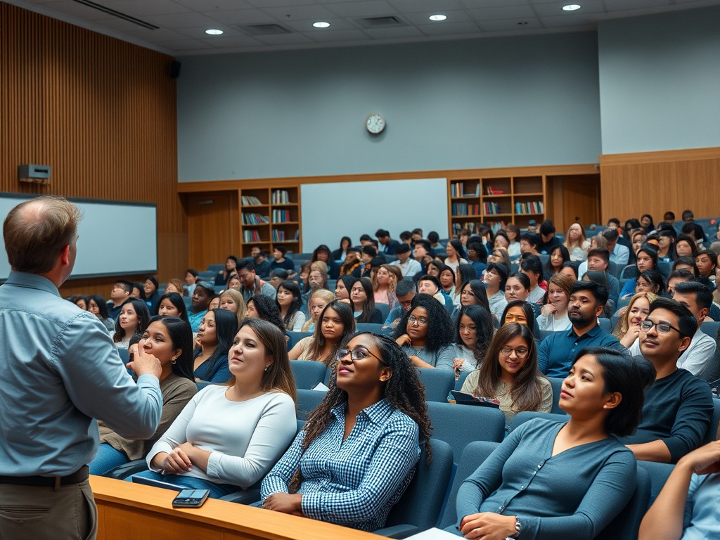Аудитория, заполненная слушателями, слушающими выступление лектора на семинаре.