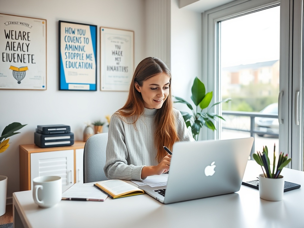Молодая женщина работает за столом с ноутбуком и бумагами, на стенах висятmotivational постеры.