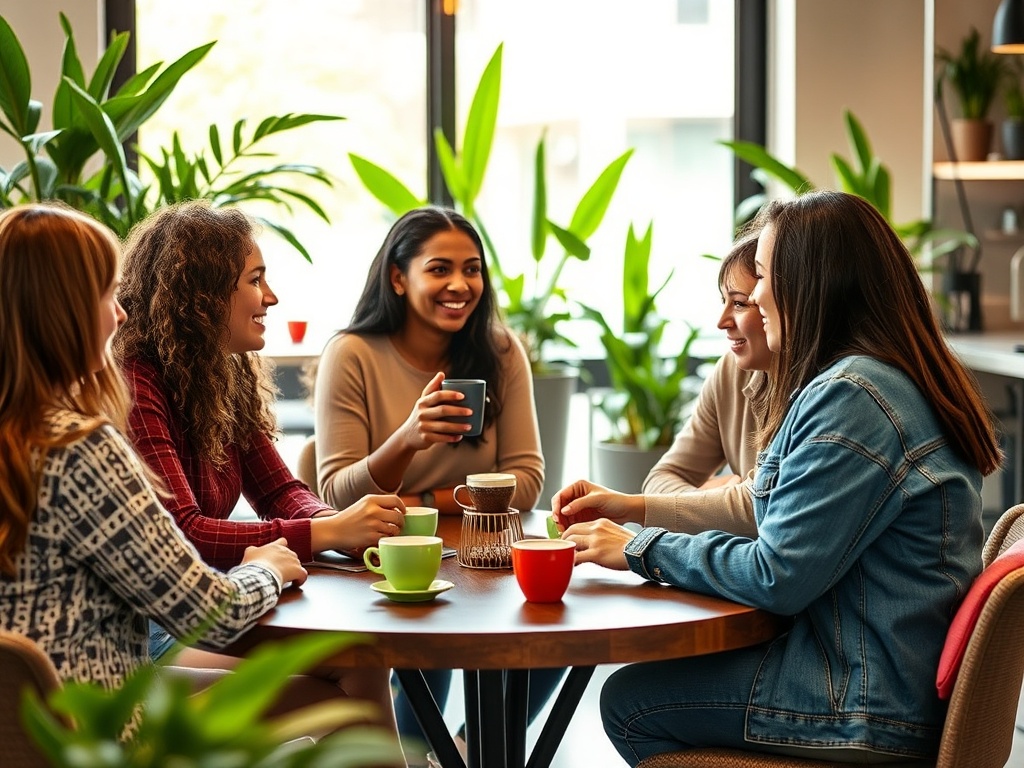 Группа девушек беседует за столом в уютном кафе, окруженном зелеными растениями. Атмосфера дружеская и теплая.