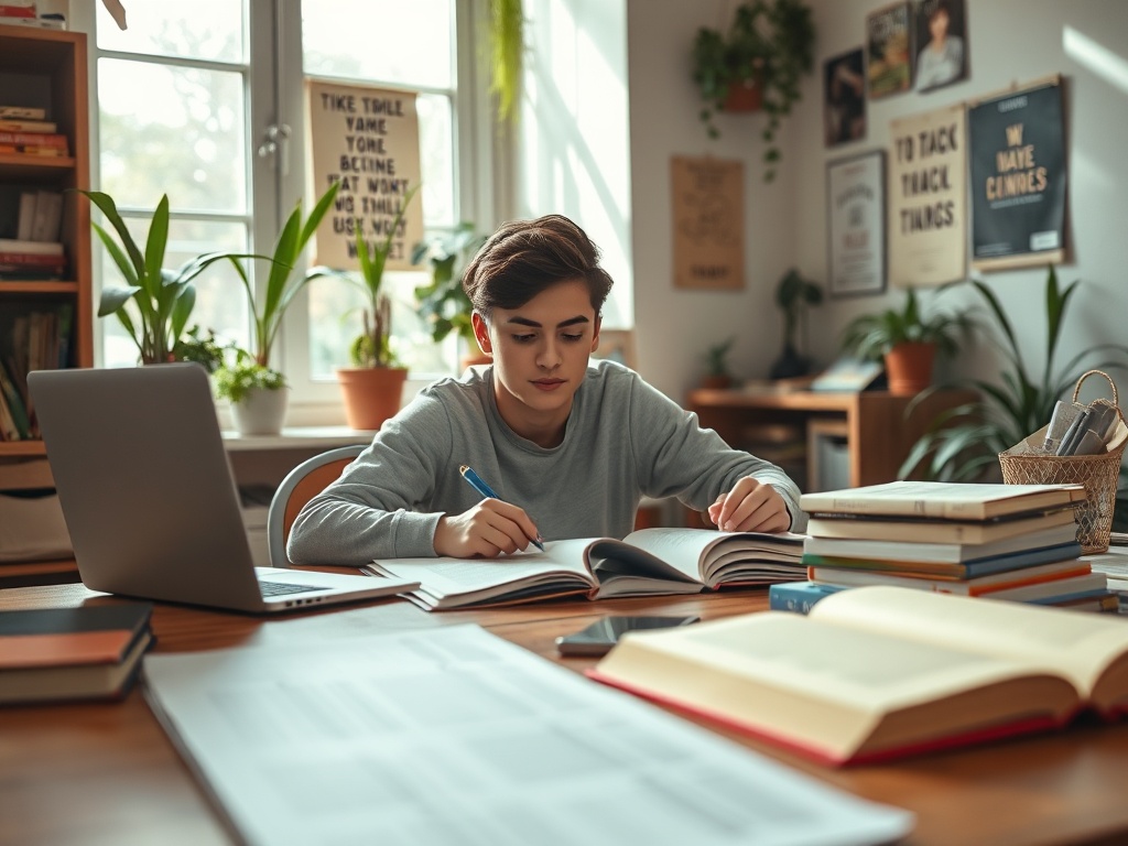 Подросток учится за столом, окружённом книгами и растениями, с ноутбуком на столе.