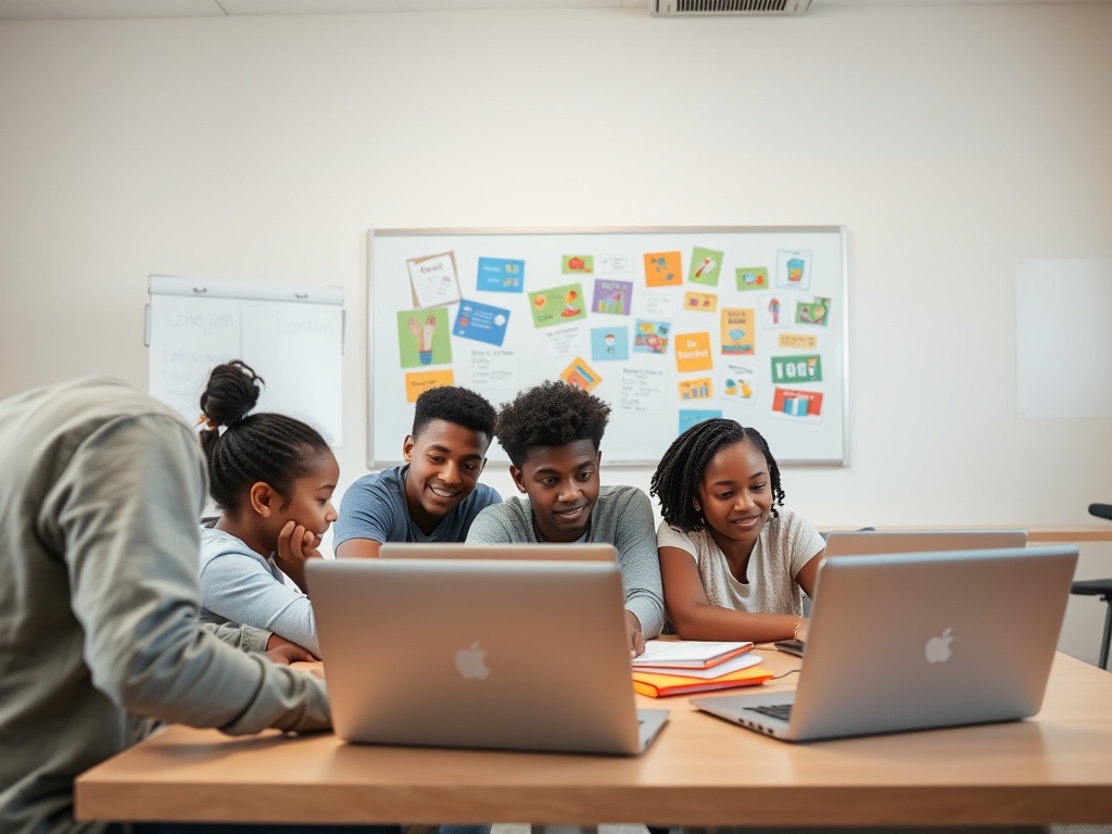 Группа подростков работает за компьютерами, сосредоточенно изучая материал в классе.