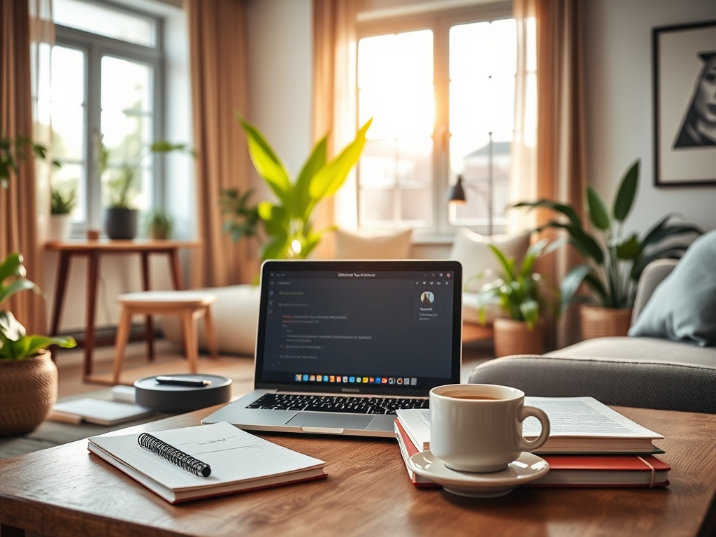 Уютная комната с ноутбуком, книгами и чашкой кофе на деревянном столе, зелеными растениями в фоне.
