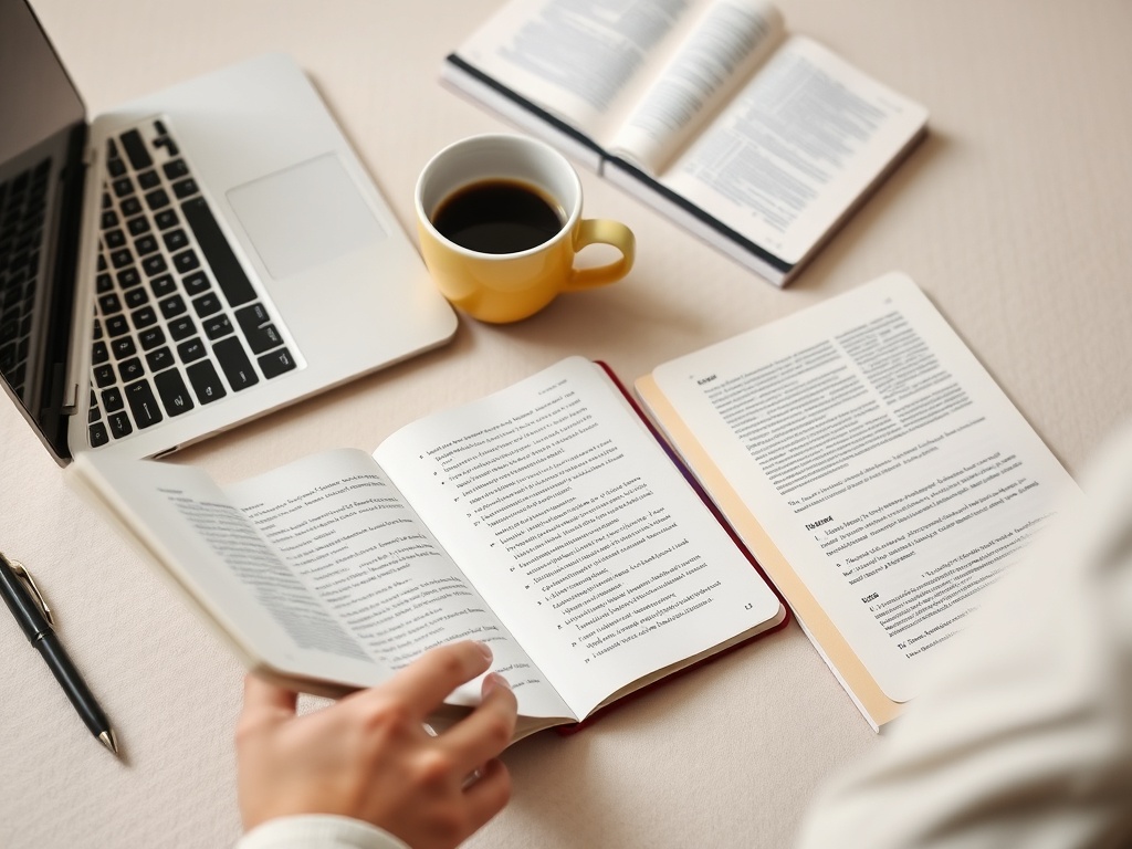 На столе лежат книги, ноутбук и чашка кофе. Человек читает открытую книгу.