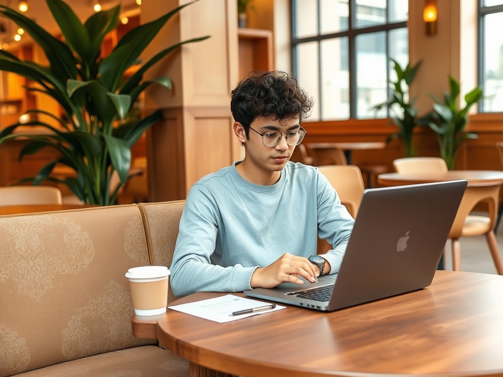 Молодой человек сидит за столом с ноутбуком, работает с бумагами и чашкой кофе на фоне растений.