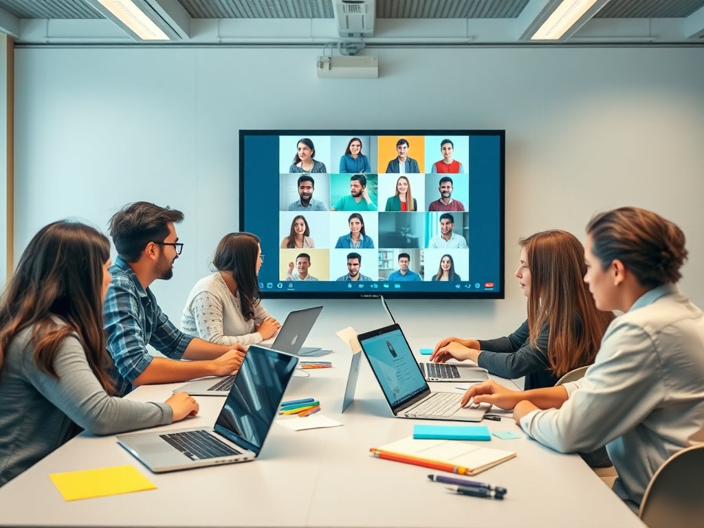 Группа людей на встрече, работающая на ноутбуках, с видеозвонком на экране.
