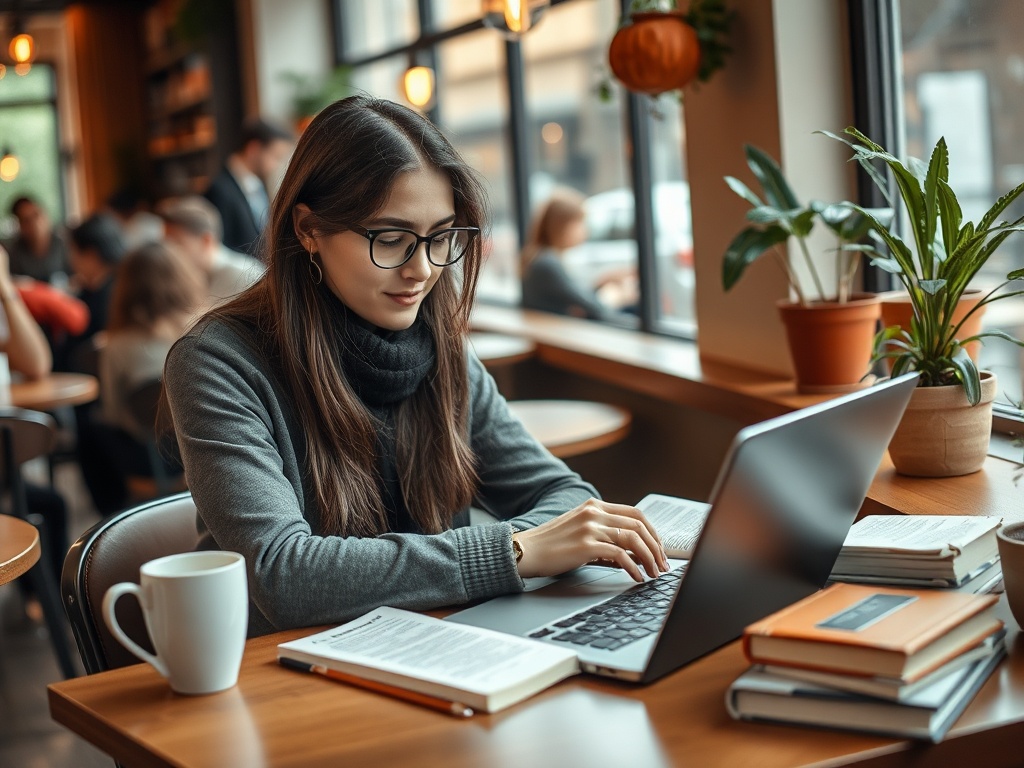 Молодая женщина в очках работает за ноутбуком в уютном кафе, рядом книги и чашка кофе.