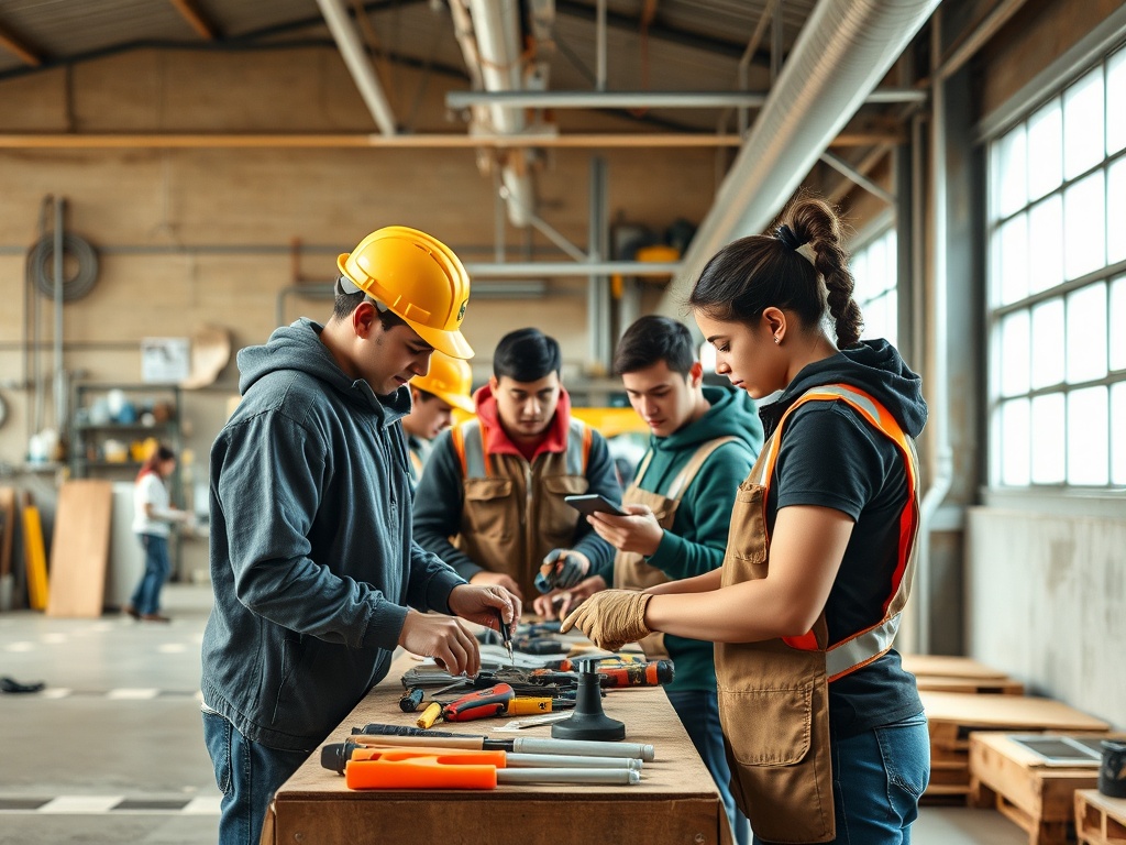 Группа людей в рабочей одежде использует инструменты на столе в мастерской. Высокие потолки и окна.