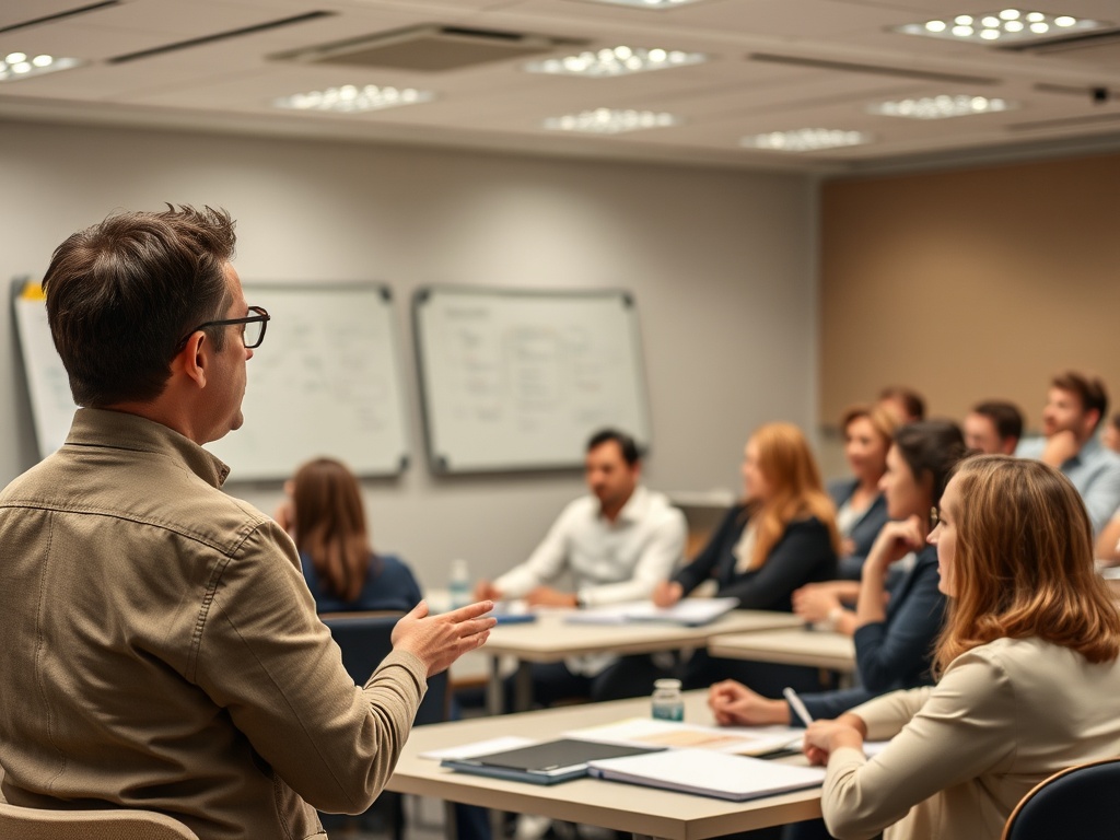 Мужчина проводит занятие, аудитория внимательно слушает. На стенах доски для заметок.