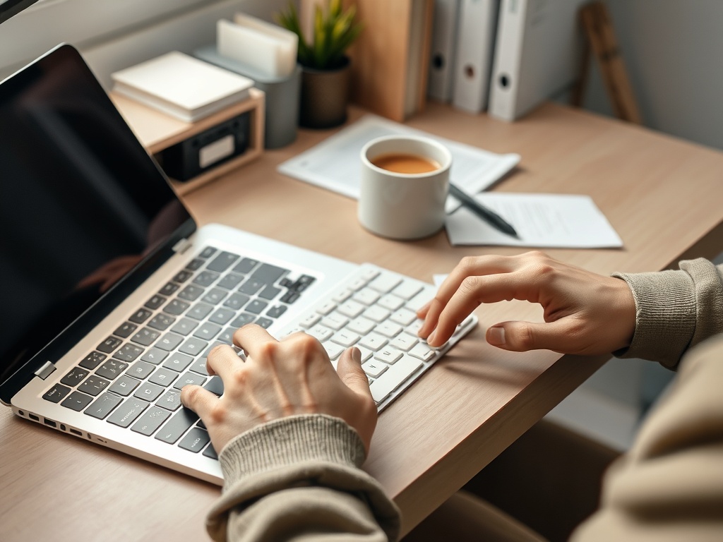 Человек печатает на ноутбуке, рядом с ним чашка кофе и бумаги на деревянном столе.