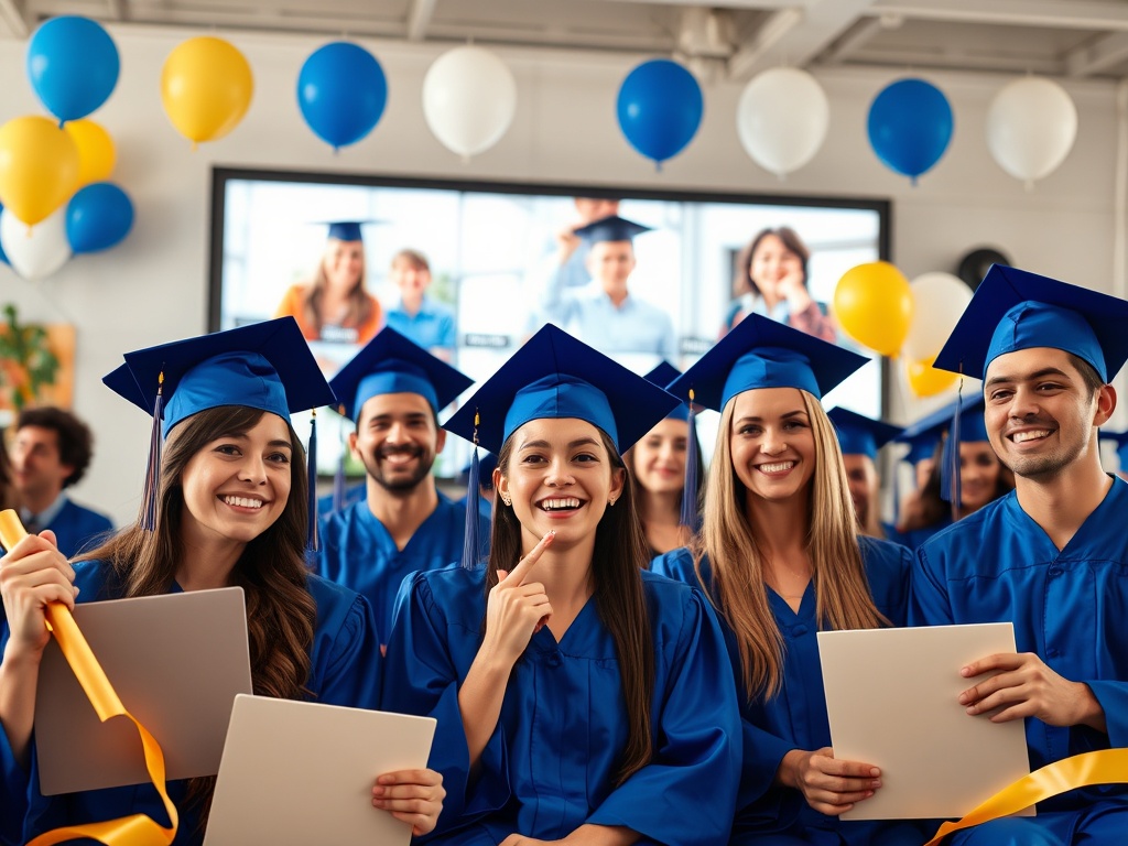 Группа выпускников в синей мантии и шапках смеется и радуется на торжественной церемонии выпускного.