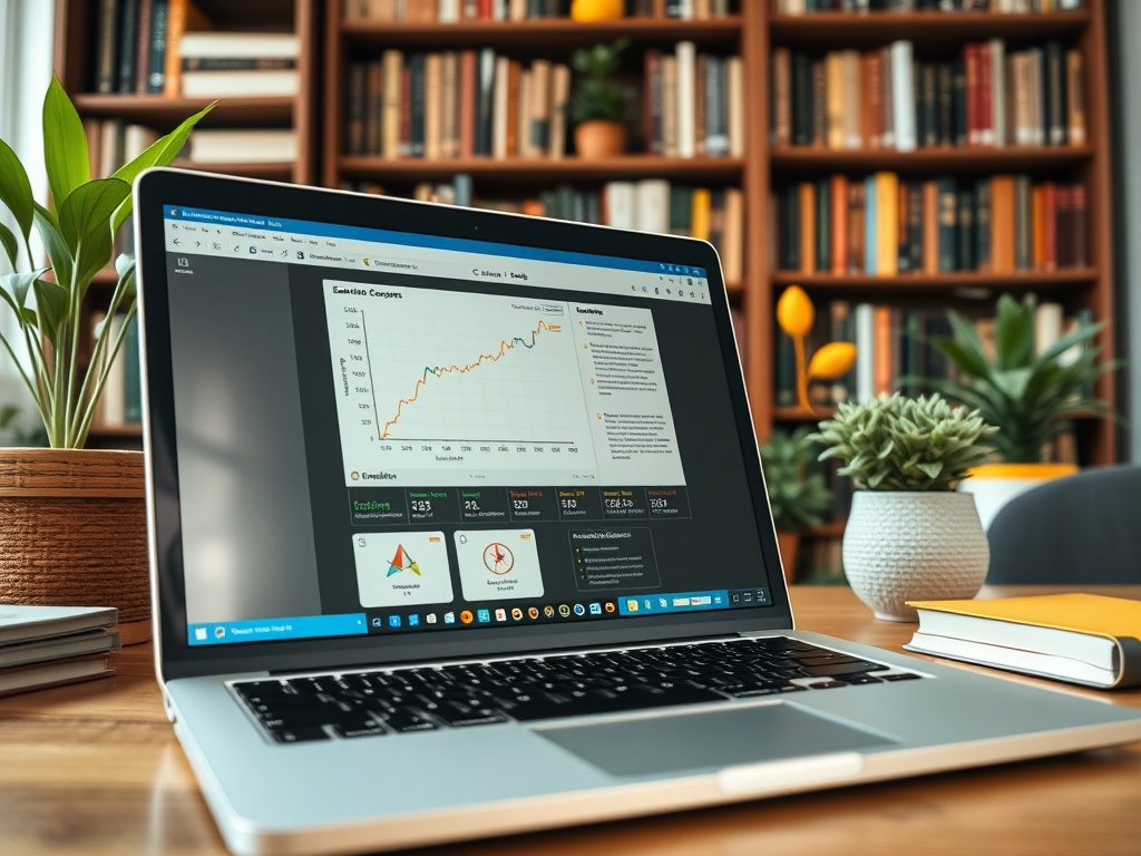 На экране ноутбука график и информация о данных. На столе книги и растения в горшках.