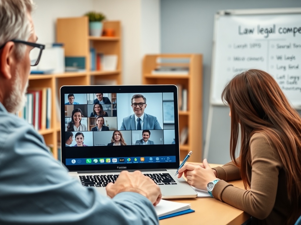 На экране ноутбука видеозвонок, человек за столом и девушка, делающая заметки. Учебная обстановка.