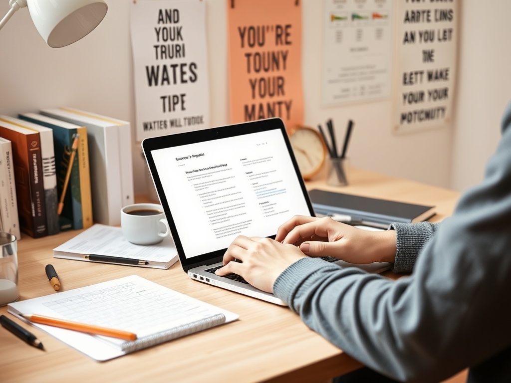 На столе лежат книги, заметки и чашка кофе. Человек работает на ноутбуке, набирая текст.