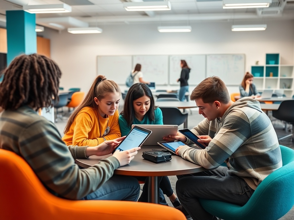 Четыре студента в помещении работают над задачами с помощью планшетов и ноутбуков. Обстановка дружелюбная.