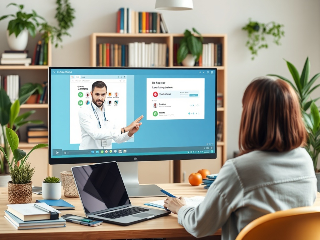 На изображении женщина сидит за столом, смотрит на монитор с виртуальным врачом и онлайн-лекцией.