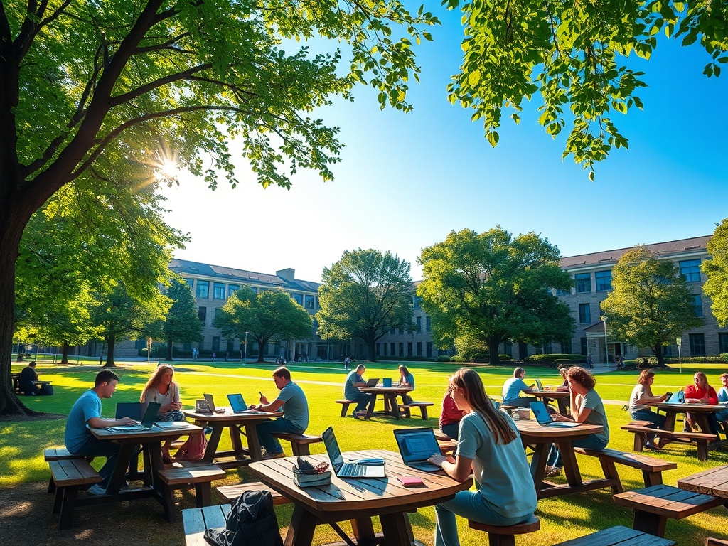 Студенты учатся на открытом воздухе,坐ят за столами среди деревьев и наслаждаются солнечным днем.
