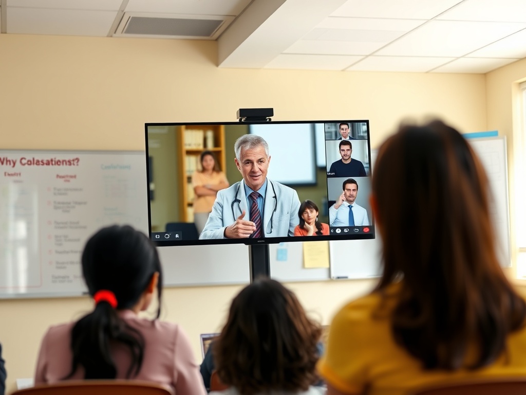 На экране видеозвонка врач общается с группой людей, сидящих в комнате.